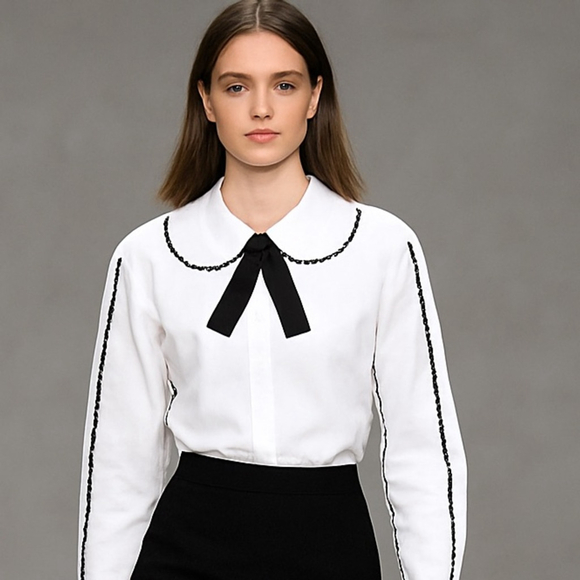 pink tartan White Blouse with Black Trim & Bow 3/4 Long Sleeve Peter Pan Collar - Picture 1 of 10
